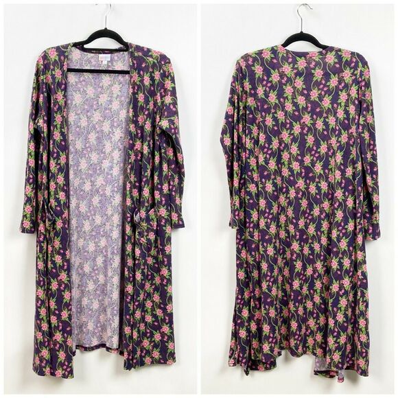 Lularoe Large Womens Unicorn Sarah Purple Rose Print Ribbed Long Cardigan - Picture 1 of 5